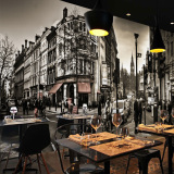 PVC复古黑白城市建筑壁纸3D立体欧式街景壁画酒吧咖啡餐厅ktv墙纸
