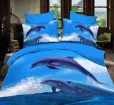 全棉3D立体蓝色海豚四件套双人春款纯棉风景大版被套床单床上用品