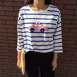 2016秋款   韩版小汽车图案宽松版七分袖条纹T恤