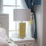 新中式黄色网格花纹陶瓷台灯家居卧室客厅水晶方形陶瓷美式台灯