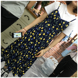 Qshi ONI 2016年韩国东大门新款时尚印花吊带中长款连衣裙