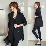 韩国正品2016新款黑色双排扣西装外套女韩版修身中长款休闲小西服