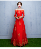 2016新款新娘敬酒服韩版结婚礼服蕾丝七分袖中式婚礼一字肩长裙红
