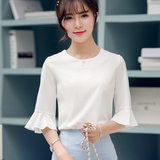 2016春夏新款韩版时尚学院风上衣甜美荷叶袖五分袖雪纺衬衫女衬衣