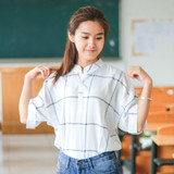 夏季新款日系文艺气质复古宽松显瘦格纹格子亚麻衬衫女学生短袖