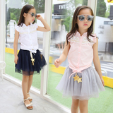 童装女童短裙套装2016韩版夏季新款中大儿童无袖衬衫纱裙两件套潮