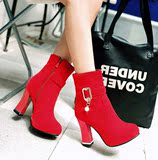红色高跟鞋秋冬季马丁靴女短靴女靴子女鞋短筒靴粗跟防水台结婚鞋