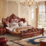 欧式大床豪华2.2米实木雕花双人床真皮橡木床深色奢华别墅美式床