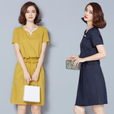 2016夏季新款假两件套装裙韩国中长款棉麻料短袖连衣裙气质女群子