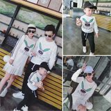 韩国一家三口亲子装2016秋装卡通印花双杠中长款卫衣婴儿哈衣爬服