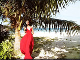 欧洲大牌甜美浪漫酒红色性感深V领口露背吊带海边度假沙滩连衣裙