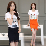 2016夏季新款韩版时尚印花t恤女修身显瘦两件套流苏短裙套装裙潮
