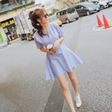 2016韩版条纹V领五分袖高腰小清新连衣裙 有口袋学院风女夏裙