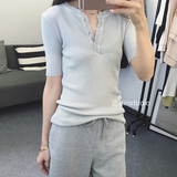 Din韩国纯色修身中袖t恤女 2016夏装新款V领套头针织打底衫上衣