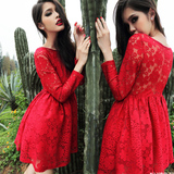 韩版2016秋季新款女装修身显瘦高档大码红色蕾丝蓬蓬连衣裙礼服裙