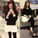 蘑菇街2016春装新款女装黑白拼接时尚甜美修身显瘦中长款连衣裙潮