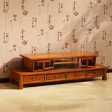 明清仿古家具中式高低双层 实木 电视柜组合花梨色榆木雕花电视柜