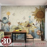 手绘向日葵油画抽象3d壁纸田园花卉客厅餐厅玄关卧室复古创意墙纸