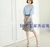 高端韩国女装16年新款修身纯色衬衫圆领泡泡袖背后蝴蝶结飘带装饰