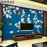 蓝色现代中式清新手绘卧室沙发客厅壁画玉兰花鸟背景墙纸简约3D画