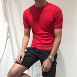 MCC韩国夏季半高领休闲短袖紧身针织衫冰凉薄款男装毛衣t恤包邮