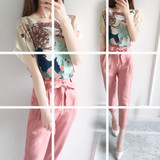 名媛2016新款女装夏装两件套粉色短袖上衣九分裤休闲时尚套装女夏