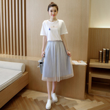 2016夏季韩版学院风圆领纯棉T恤网纱半身裙高腰中长款两件套套装