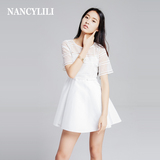 NANCYLILI夏装新品连衣裙高腰蓬蓬裙蕾丝公主裙修身白色女装裙子