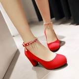 红色高跟鞋粗跟圆头春夏性感新娘婚鞋绒面中跟黑色女单鞋韩国浅口