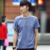 短袖T恤男圆领 棉麻假两件上衣服 韩版潮流纯色体恤小衫个性夏装