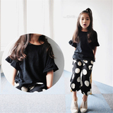 韩版夏季女童竹节棉t恤短袖中大童娃娃衫儿童黑色纯棉喇叭袖上衣