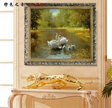 客厅纯手工手绘欧式天鹅湖山水风景油画客厅有框装饰画背景墙挂画