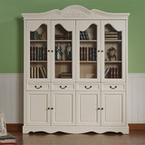 简约现代欧式田园全实木家具美式书柜白色玻璃门书柜储物柜可定做