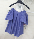 G46#新款夏天性感露肩吊带上衣竖条纹宽松大码女装气质女衬衫潮