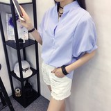 衬衫女短袖夏时尚韩版2016潮学生上衣女条纹蝙蝠袖小立领格格衬衣