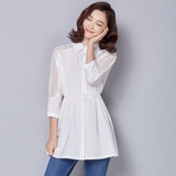 衬衫女韩范 2016春装新款夏季白色中长款七分袖 收腰打底镂空衬衣