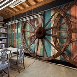 3d复古木纹车轮大型壁画KTV酒吧咖啡厅个性主题墙纸无纺布壁纸