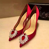 水晶鞋婚鞋红色尖头绿色高跟鞋细跟中跟水钻婚礼结婚红鞋女新娘鞋