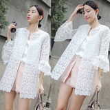2016夏季韩版开衫女欧根纱薄款外搭中长款外套白色蕾丝长袖防晒衣