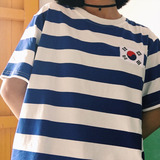 韩国ulzzang古着原宿国旗贴布刺绣条纹宽松学生男女情侣装短袖t恤