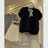 东大门代购夏季气质可爱蝴蝶结短袖T恤+蕾丝短裤时尚两件套装女潮