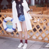 WAIT MORE春季韩版纯色水洗棉系带全棉连帽中长款风衣外套女3801