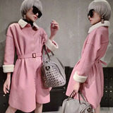 2015新款韩版女装冬中长款粉色收腰棉衣外套女修身羊羔毛棉袄皮衣