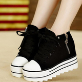 2015夏季新款隐形内增高10cm黑色帆布女鞋松糕厚底休闲白色高帮鞋