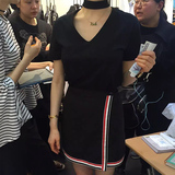 韩国女装代购2016夏季挂脖v领套装裙两件套连衣裙修身a字短裙潮