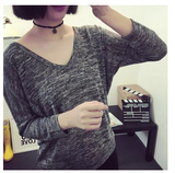 2016春装新款韩版灰色V领针织t恤女长袖宽松套头罩衫打底针织衫潮