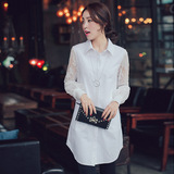 韩国代购 秋新款韩版女士衬衫纯棉蕾丝绣花长袖中长款纯色衬衣女