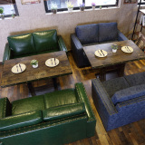 复古美式会客奶茶店西餐咖啡厅铆钉皮艺双人沙发卡座实木桌椅组合