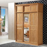 橡木实木衣柜三门推门现代中式1.8米趟门试衣镜整体卧室储物家具