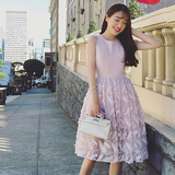 2016夏季新款独家设计定制 超美樱花粉立体羽毛中长裙连衣裙